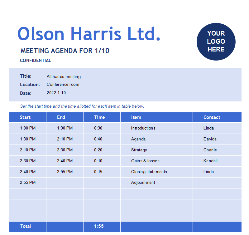 Free Adjustable Meeting Agenda Template Excel - Professional Business Meeting Planner ​Thumbnail​ 