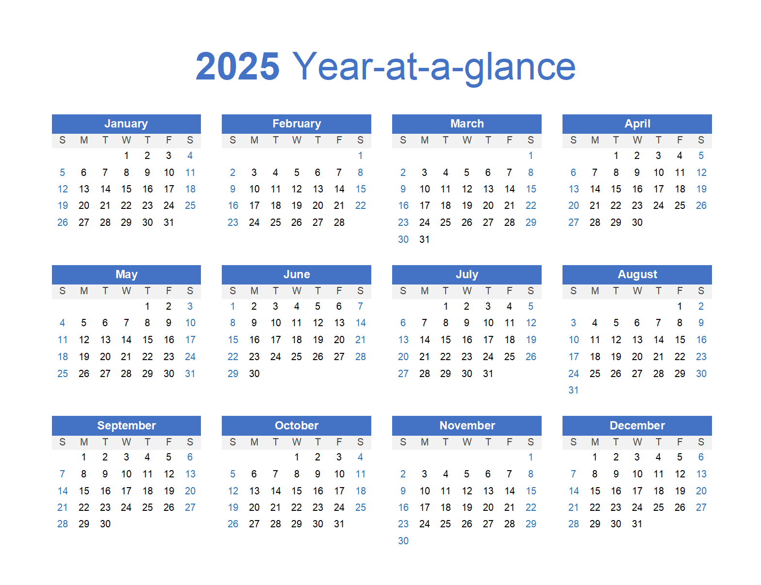 Any year at a glance calendar landscape ​Thumbnail​ 