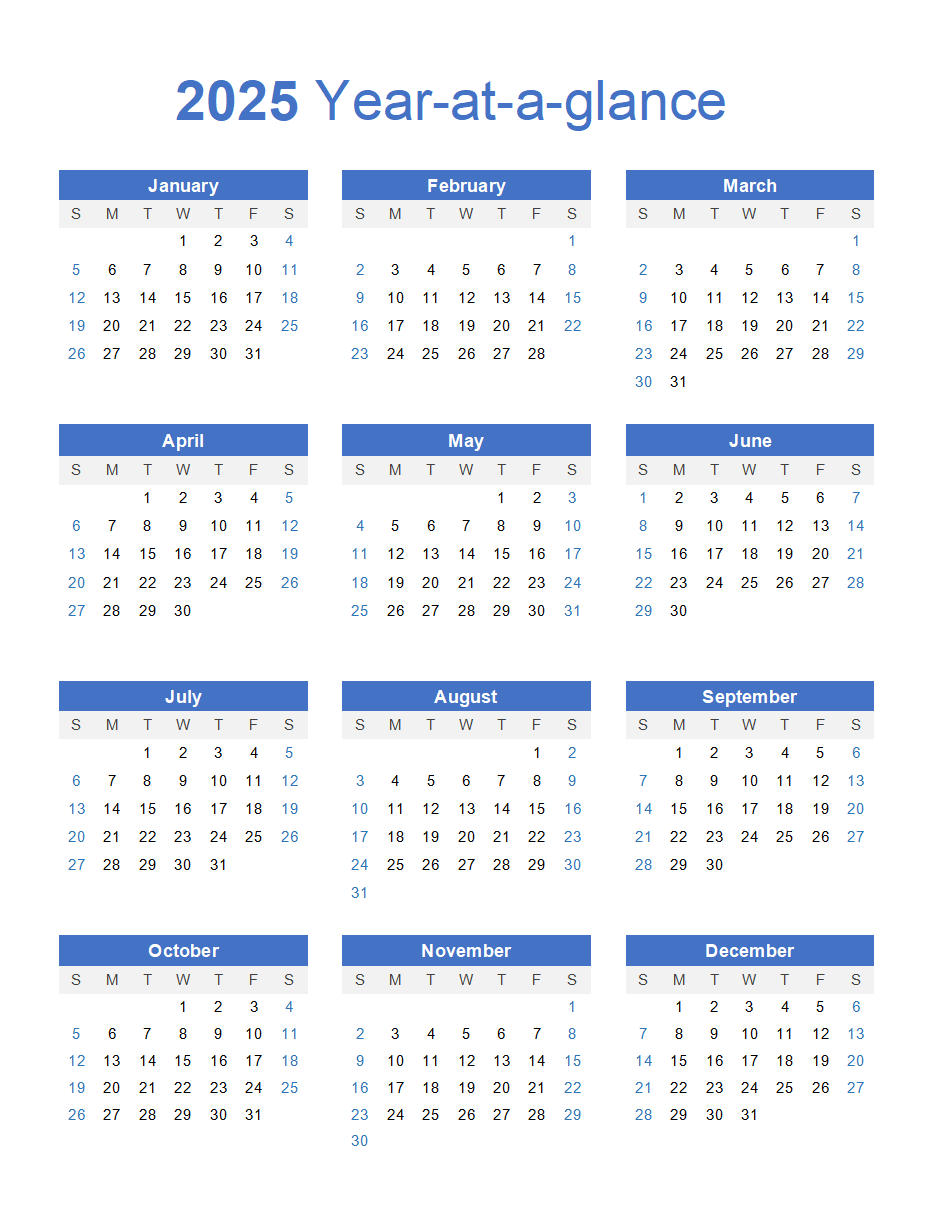 Free 2025 Printable Yearly Calendar Template ​Thumbnail​ 